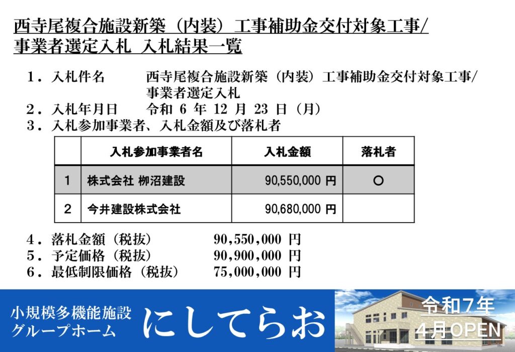 西寺尾複合施設新築（内装）工事補助金交付対象工事/事業者選定入札結果一覧